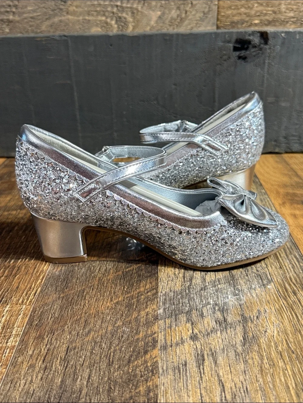 LAURMOSA Girls Size 13 Silver Glitter Bow Mary Jane Dress Shoes NIB